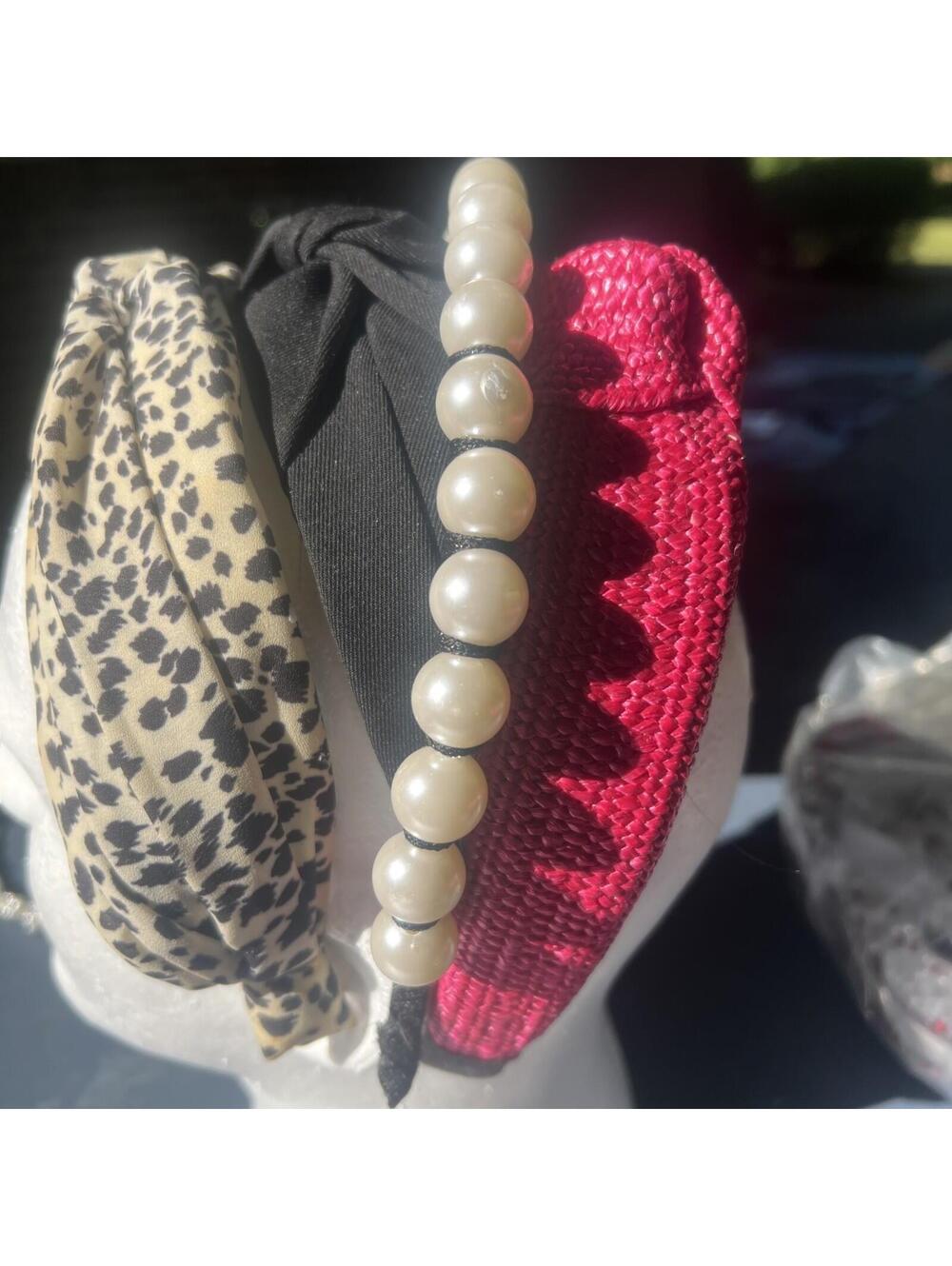 Boutique knotted and pearl headband lot of 4- woven pink, leopard, black, pearl